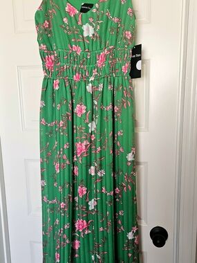 Maison Tara Green Floral Maxi Dress with Pink & White Blooms